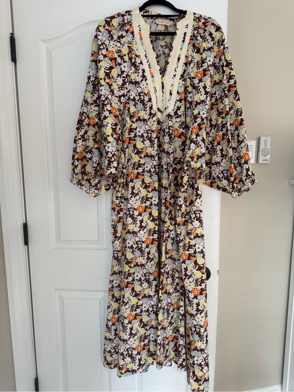 Tory Burch Floral V-Neck Maxi Dress in Brown, Cream & Orange
